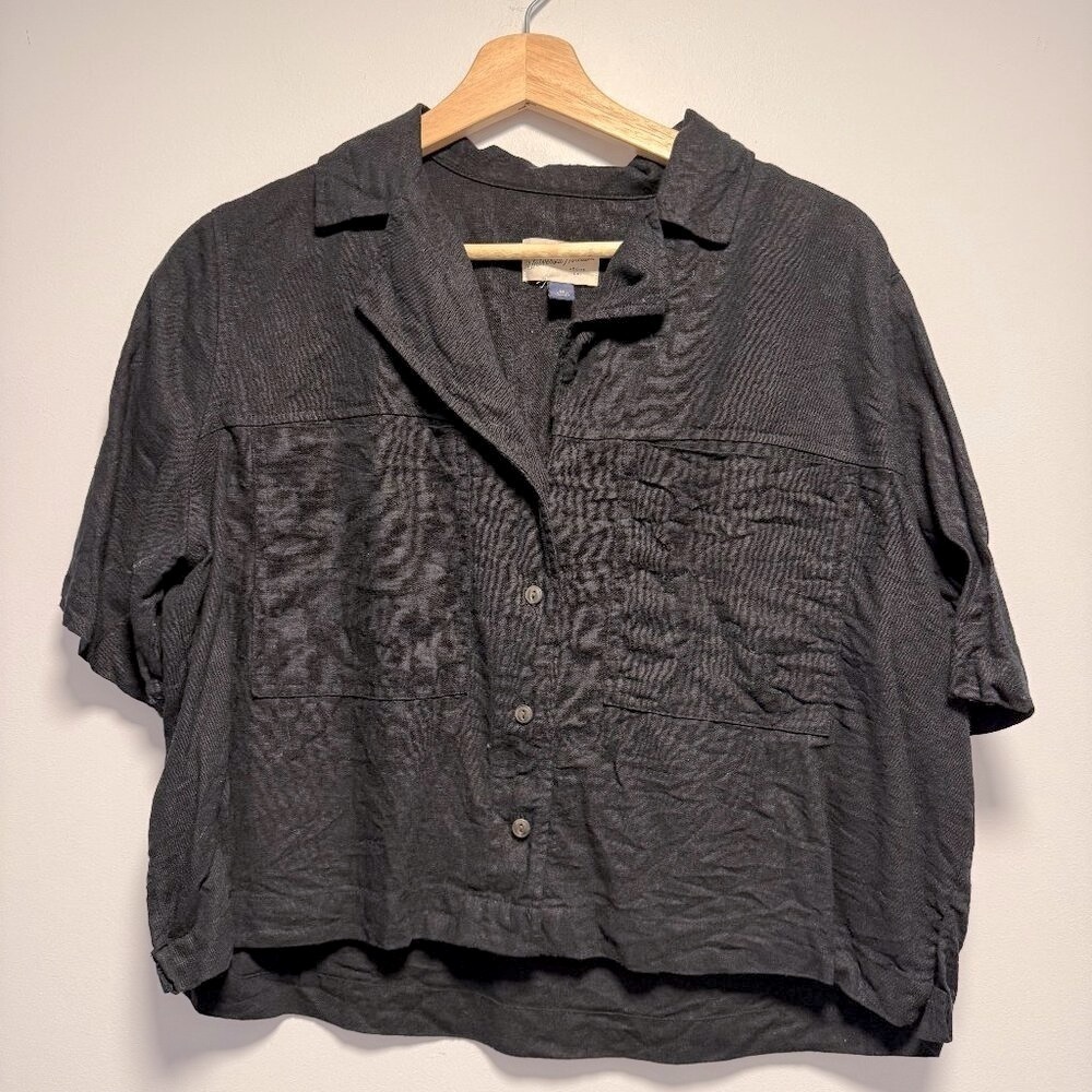 A New Day Cotton Linen Crop Top Button Down Black Medium